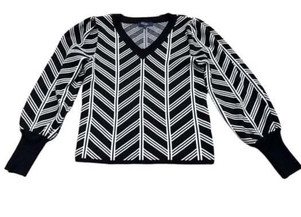 Rachel Rachel Roy Black and White Chevron Knit V-Neck Sweater Size Large